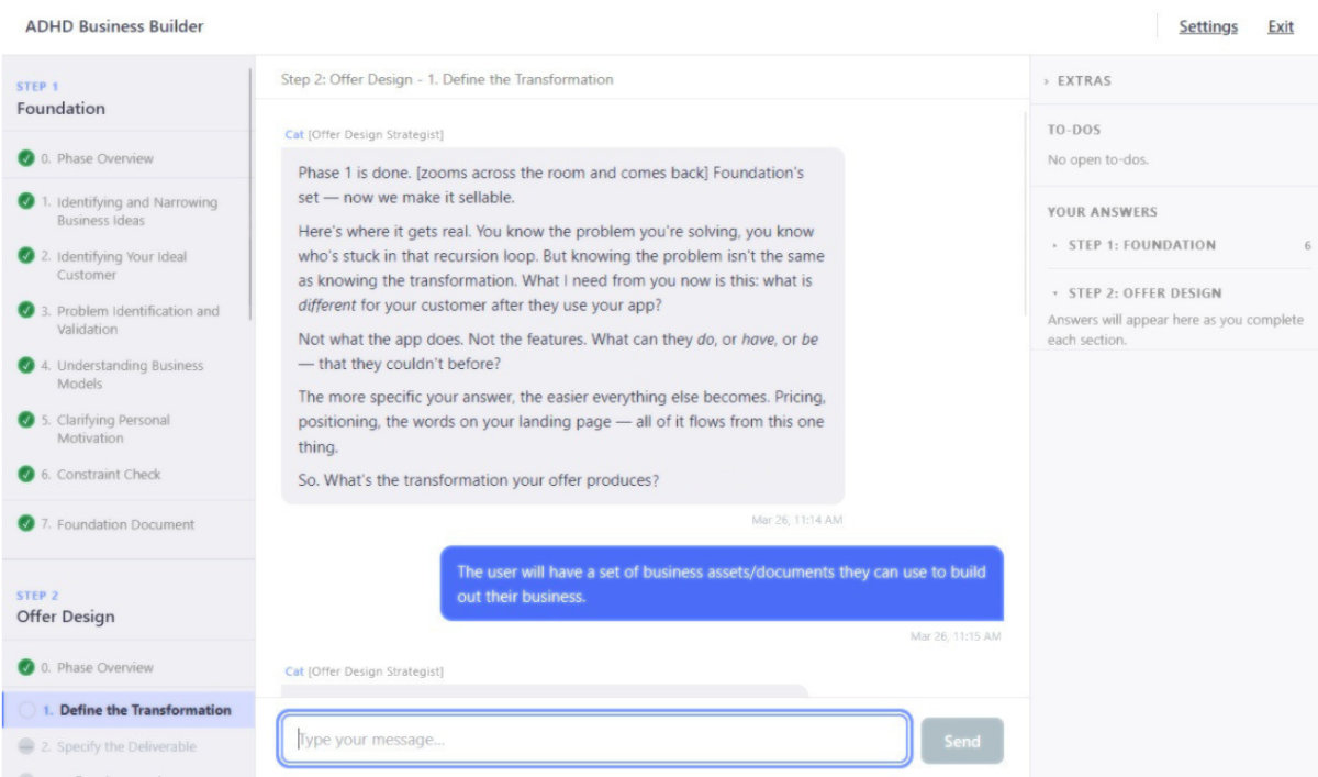 Bizmigo app showing a guided conversation about offer design, with phase navigation on the left and progress tracking on the right